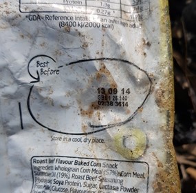 Collected in 2022, this crisp packet had a 2014 ‘best before’. Unless somebody has a fancy for vintage Hoops & Crosses crisps, I’d say this has been in the marine system for some time.